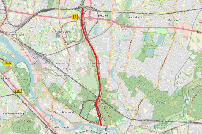 Möglicher Verlauf der TVO-Trasse - OpenStreetMap, modifiziert vom NABU Berlin, 11.03.2024