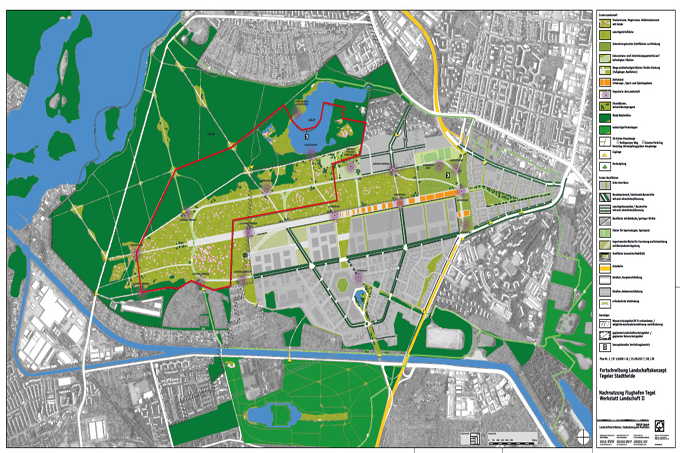 Der rot umrandete Bereich kennzeichnet die „Tegeler Stadtheide“ inklusive des „Vogelschutzreservat Flughafensee“. Quelle: Landschaftskonzept Tegler Stadtheide, Plan: SWUP GmbH